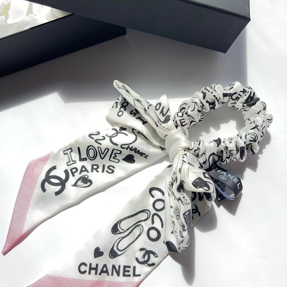 CHANEL Black and White Silk CC Bow Hair Scrunchie 2025 New